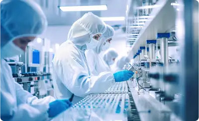 professionals wearing white in a pharmaceutical laboratory